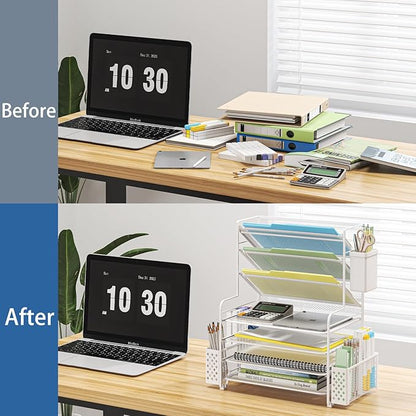 Simple Trending 7 Tier Desk File Organizer, Letter Tray Paper Organizer with Pen Holder and Metal Hanging Basket, White