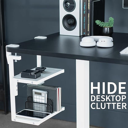VIVO Clamp-on 13 inch Above or Below Desk 2-Tier Shelving Unit for Table Accessories, Gaming Devices, and More, Storage Tray, Desktop Organizer, White, STAND-SHELF2CW