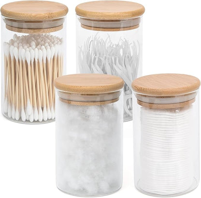 BKYFPQ 4 Pack Glass Qtip Holder Dispenser Set - Apothecary Jars with Lids for Vanity Makeup Organizer - Bathroom Canister Storage Organizer for Cotton Ball, Swab, Round Pads,Floss