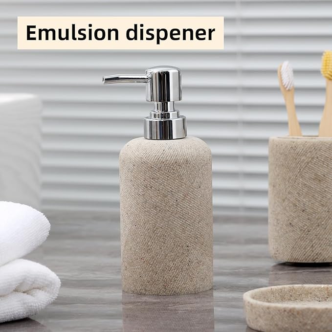 Bathroom Accessories Set, Bathroom Organizer Countertop, Soap Dispenser and Toothbrush Holder, Mouthwash Cup, Tray Set, Vanity Tray for Bathroom, 4 Pieces Modern Decor (Beige)