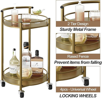 Bar Cart Gold Rolling Cart for Home,2 Tiers Bar Serving Cart Round Wine Cart with Handle, Metal Wine Rack and Casters, Serving Bar Trolley for Home Kitchen,Living Room,Christmas,New Year