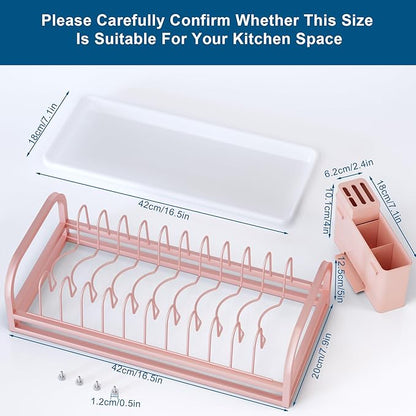 YEYPOP Pink Dish Rack - Small Dish Drying Rack for Limitied Kitchen Counter, Narrow Stainless Steel Dish Drainer w Tray, Cutlery Holder, Cute Kitchen Appliances Organizer for A Lovely You