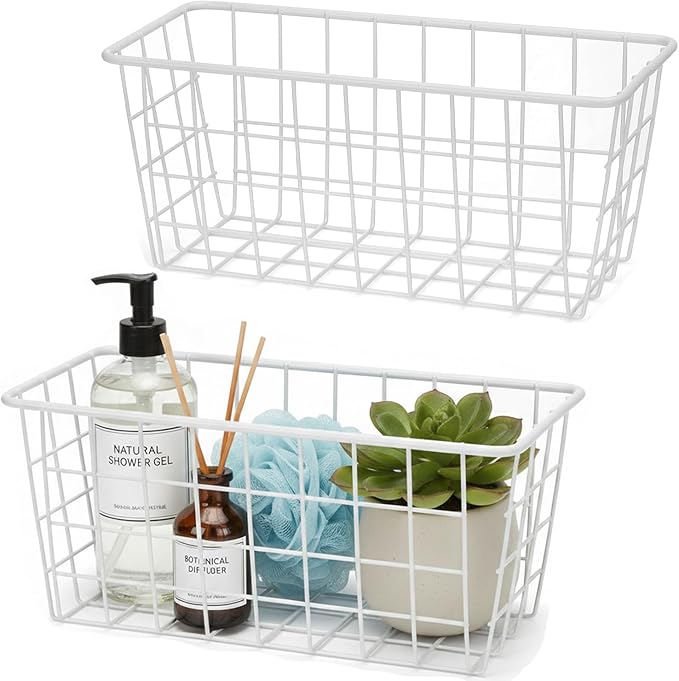 Hanging Kitchen Baskets Adhesive Sturdy Wire Storage Baskets with Kitchen Food Pantry Bathroom Shelf Storage No Drilling Wall Mounted,White,2 Pack