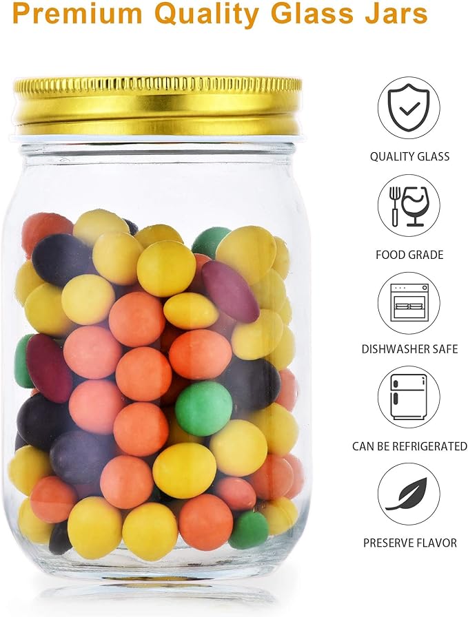 Rainforce Mason Jars 12 oz Regular Mouth 6 Pack – 12 oz Glass Jars with Gold Lids for Canning, Honey, Spices, Candle Making, Pint Storage & Meal Prep – Frascos De Vidrio Con Tapa