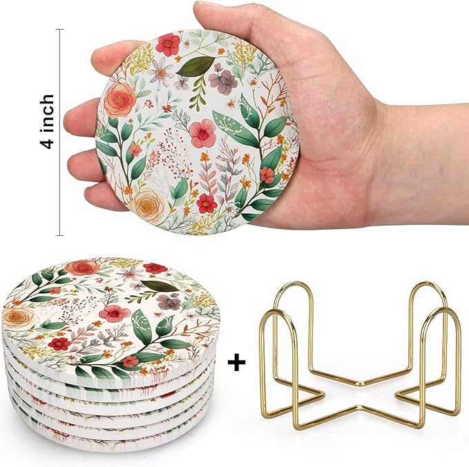 6 Pack Cute Flower Drink Coasters with Holder Funny Ceramic Absorbent Coaster Set of 6 Decorative Coffee Table Decor Gift Unique Desk Vintage Outdoor Coster Modern Cool Floral Tea Cup Boho Coasters
