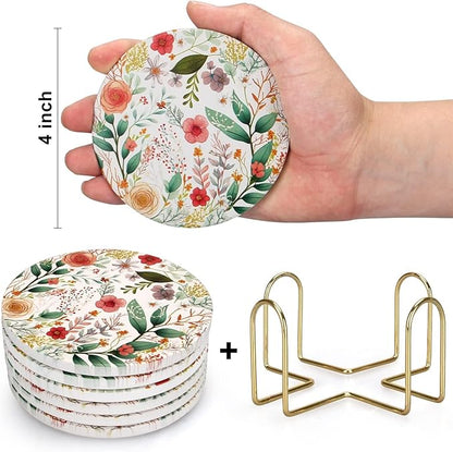 6 Pack Cute Flower Drink Coasters with Holder Funny Ceramic Absorbent Coaster Set of 6 Decorative Coffee Table Decor Gift Unique Desk Vintage Outdoor Coster Modern Cool Floral Tea Cup Boho Coasters