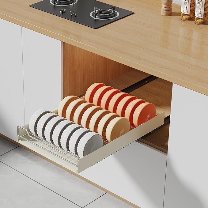 Pull-Out Cabinet Dish Drying Rack - Dish Drying Rack Stainless Steel 2-Tier Kitchen Organizer for Plates Bowls, Under-Counter Space Saving Storage Rack, Adjustable（White）