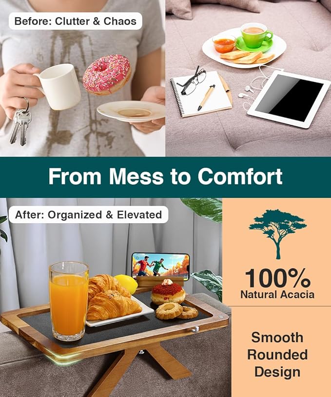 Acacia Couch Arm Tray Table – Fits Most of The Sofa Arms, 3 in 1 Adjustable Couch Arm Table with 360° Rotating Phone Holder, Wire Holder & Non-Slip Mat – Perfect Sofa Tray for Snacks & Coffee