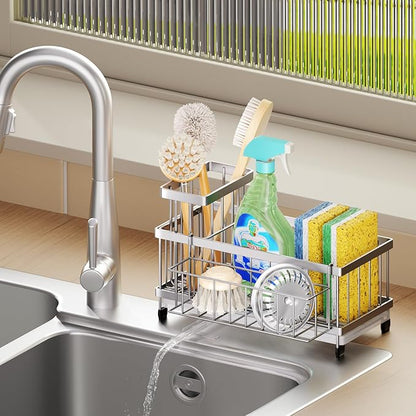 SWTYMIKI Sink Caddy Sponge Holder - Large Sponge Holder for Kitchen Sink with 360°Auto-Drain Tray, Rustproof Stainless Steel Kitchen Organizer Caddy for Countertop Organization