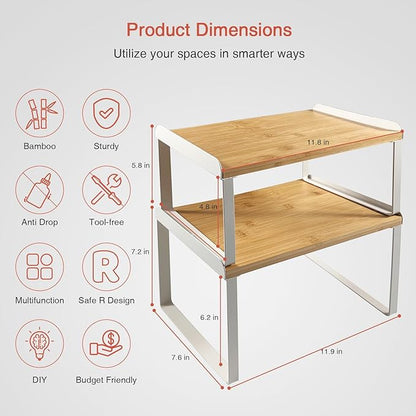 Kitchen Cabinet Organizer Set of 4, Desk Shelf Riser, Stackable Cabinet Pantry Cupboard Organizer, Kitchen Counter top Shelf, Storage Rack for Spices, Plates, Bamboo Wood, White