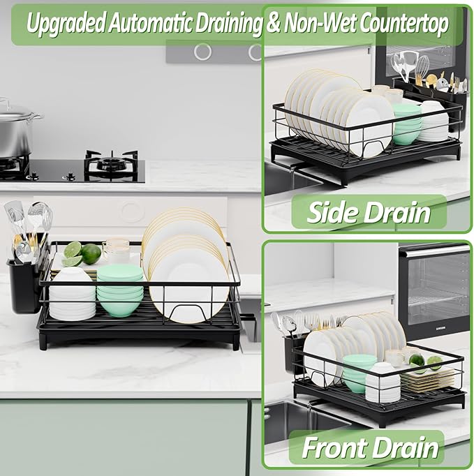 Dish Drying Rack for Kitchen Counter - Rust-Resistant Kitchen Drying Rack with Removeable Cutlery Holder, Dish Drainer Organizer with Utensil Holder for Home Kitchen for Spoons and Forks, Black