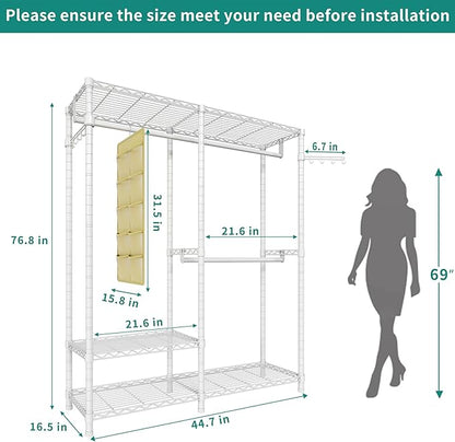Heavy Duty Garment Rack, Metal Closet Organizers and Storage Clothing Racks 3 Tiers Adjustable Wire Shelving with 2 Hanger Rods and Side Hooks, 44.7" Lx16.5 Wx76.8 H, Max Load 800LBS, White