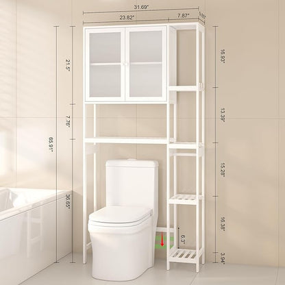 Wisuce Essentials Over The Toilet Storage Cabinet Above Toilet Bathroom Organizer with Toilet Paper Holder Stand Bath Organizer with Adjustable Shelves & Acrylic Doors,Anti-Tip Device (White)