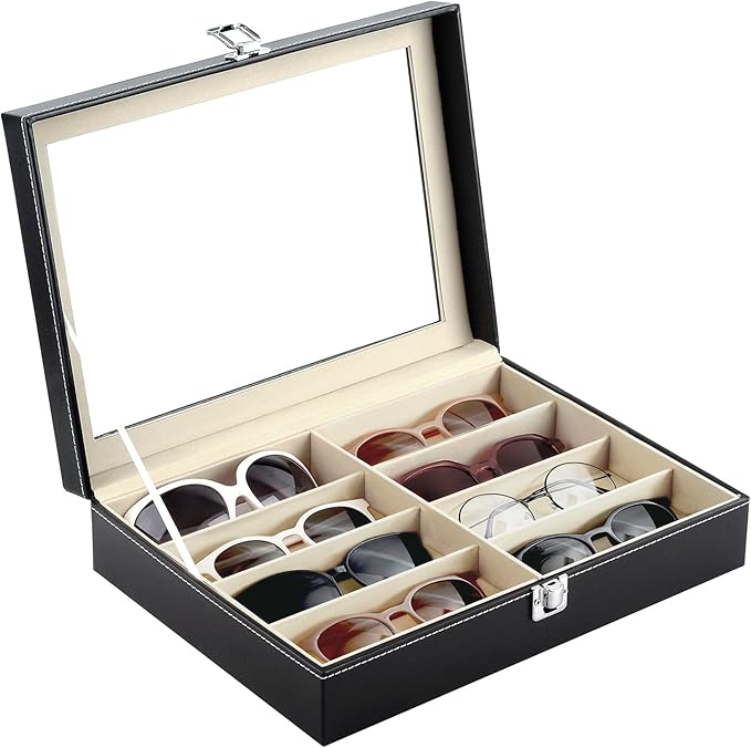 Siveit 8 Slot Sunglass Organizer Leather Eyeglasses Collector Eyewear Display Case Storage Box, Black