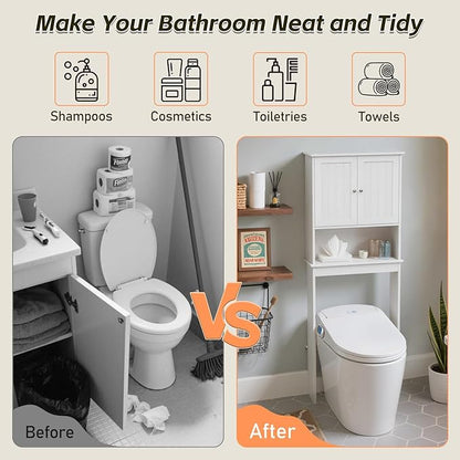 GORZING Over The Toilet Storage Cabinet, Behind Toilet Bathroom Organizer with Adjustable Shelves, Above Toilet Organizers with Barn Door, Space Saver for Restroom, Bathroom, Laundry