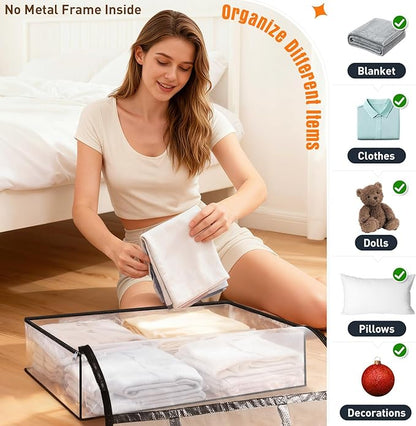 EdenDwell Clear Under Bed Storage Containers - 6 Pack Large Capacity Clothes Storage Bags with Lid & Sturdy Handles, Foldable Moving Bags, Clothing Organizer Totes for Bedding, Comforter, Sheet（60 L）