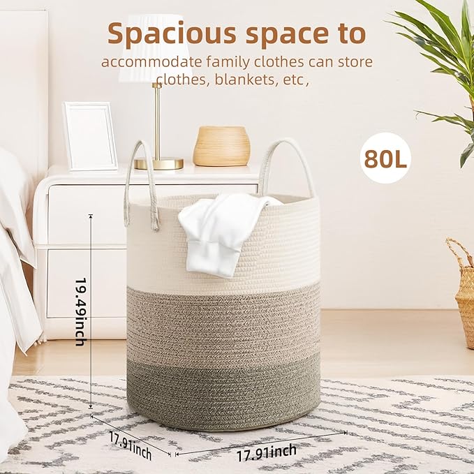 Cotton Rope Basket,Large Blanket Basket for Living Room,Woven cotton rope laundry baskets，For Bathroom Dirty Clothes ，Nursery Toys，pillow storage organization, 80L,Brown and white.