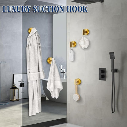 warlve Heavy Duty Reusable Suction Cup Hooks for Shower - No Drill Bathroom/Glass/Mirror/Tiles & Metal Surfaces,and Smooth Non-Porous Surfaces for Towels, Robes, Loofahs (4, Brushed Gold)