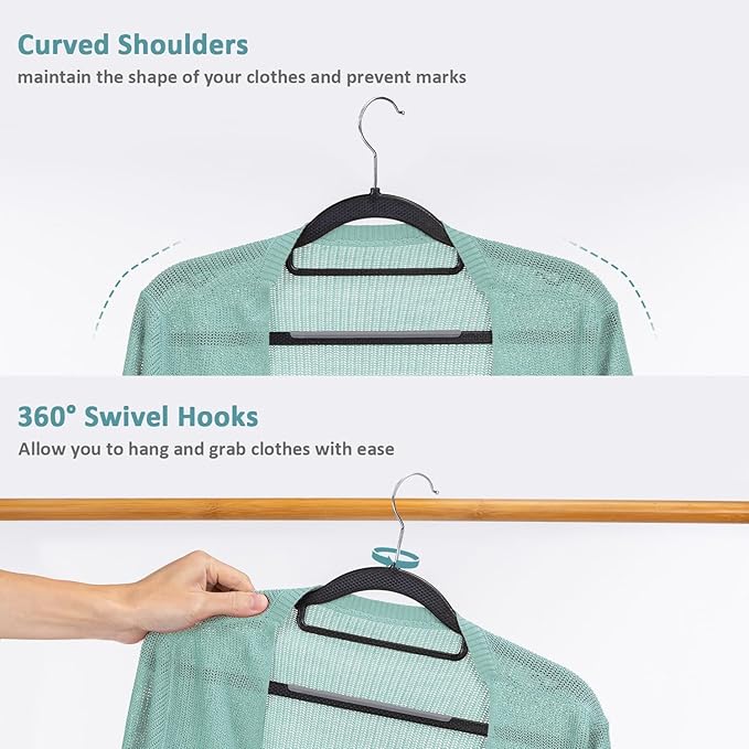 LMTrystFit 50 Pack Coat Hangers, Space-Saving, Non-Slip, Sturdy Heavy Duty Hangers for Suit, 0.2 Inches Slim Plastic Clothes Hangers, 360° Swivel Hook for Suit/Clothes, Black and Dark Gray