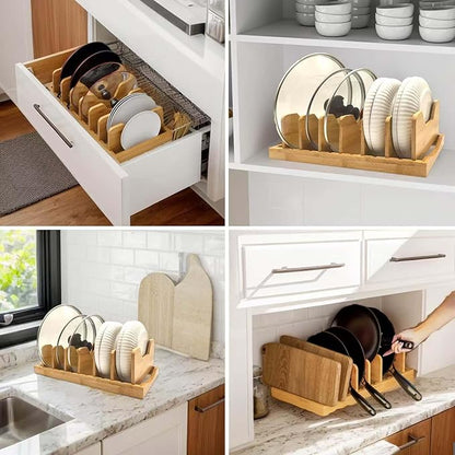 Bamboo Pot Lid Organizer for Cabinet & Kitchen Counter, Pan Lid Organizer Inside Cabinet, Pot Lid Holder, Sheet Pan Rack, Adjustable Pot Cover Holder Rack for Countertop, Under Cabinet Black