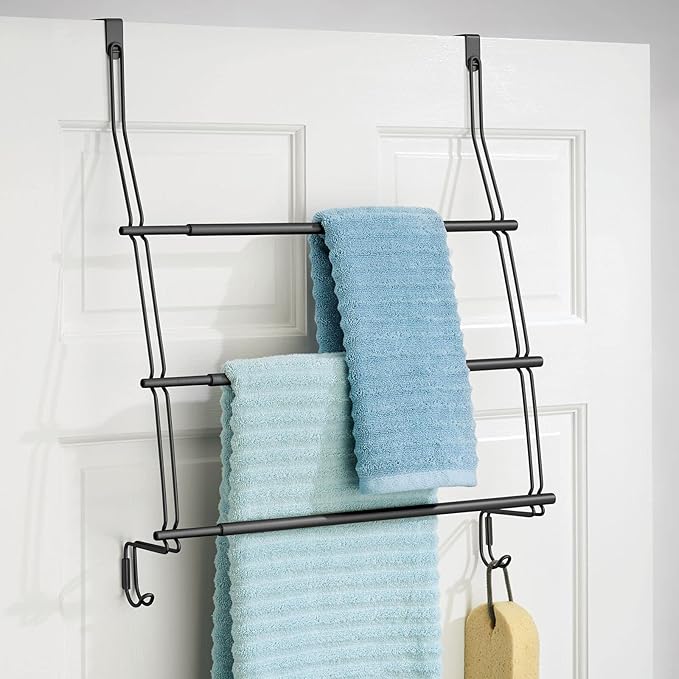 mDesign Expandable Metal Over Shower Door Towel Rack for Bathroom - 3-Tier Organizer with 2 Large Hooks - Holder for Hand/Bath Towels, Washcloths, Loofahs, Sponges - Trinity Collection - Matte Black