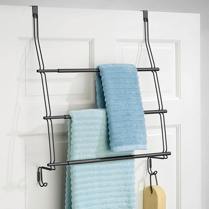 mDesign Expandable Metal Over Shower Door Towel Rack for Bathroom - 3-Tier Organizer with 2 Large Hooks - Holder for Hand/Bath Towels, Washcloths, Loofahs, Sponges - Trinity Collection - Matte Black