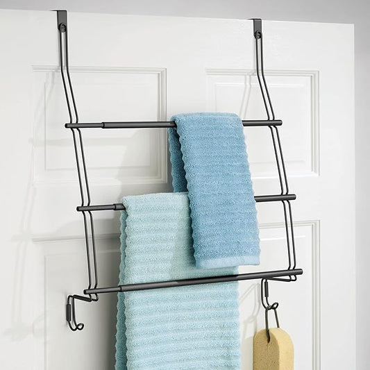 mDesign Expandable Metal Over Shower Door Towel Rack for Bathroom - 3-Tier Organizer with 2 Large Hooks - Holder for Hand/Bath Towels, Washcloths, Loofahs, Sponges - Trinity Collection - Matte Black