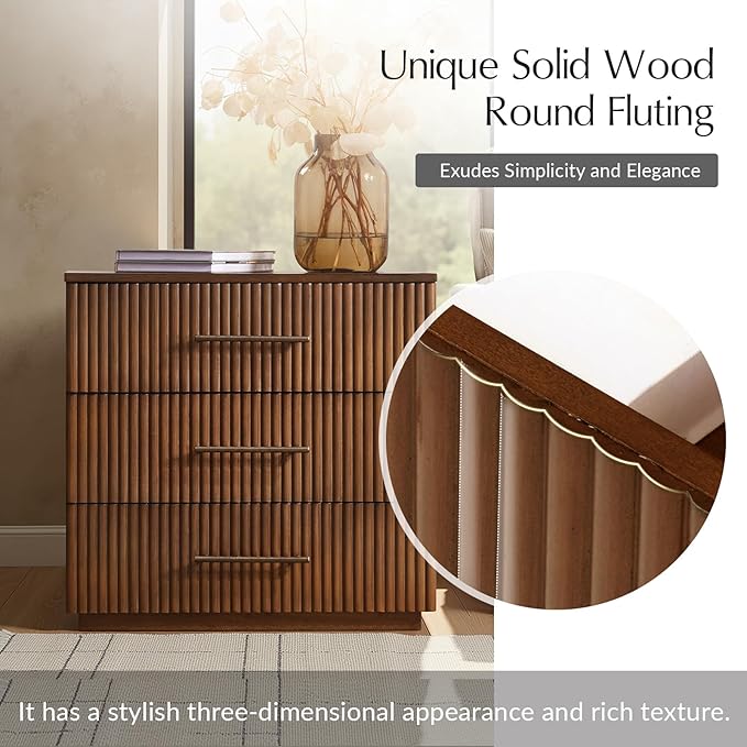 HULALA HOME 26" Fluted Nightstand with 3 Drawers, Modern Solid Wood Night Stand with Charging Station, Bed Side Table with Large Storage, End Table Tall Nightstand, Easy Assembly, Walnut