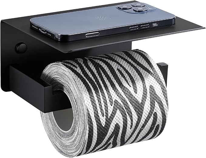 Suyar Toilet Paper Holder with Shelf Matte Black, SUS 304 Stainless Steel Wall Mounted Tissue Holder Phone Shelf for Bathroom