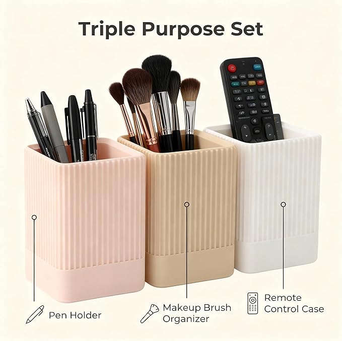 3 Pack Aesthetic Pen Holder for Desk-Sturdy Plastic Pencil Holder - Stylish Makeup Brushes Cup for Women Girls - Cute and Functional Desk Organizer for Office Supplies - Modern Office Decor Pen Cup