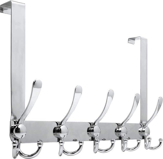 WEBI Over The Door Hook,Door Hanger Hook Rack with 5 Tri Hooks for Hanging Coats, Over The Door Towel Rack Door Coat Hanger Door Coat Rack for Bathroom,Behind Back of Door,Silver