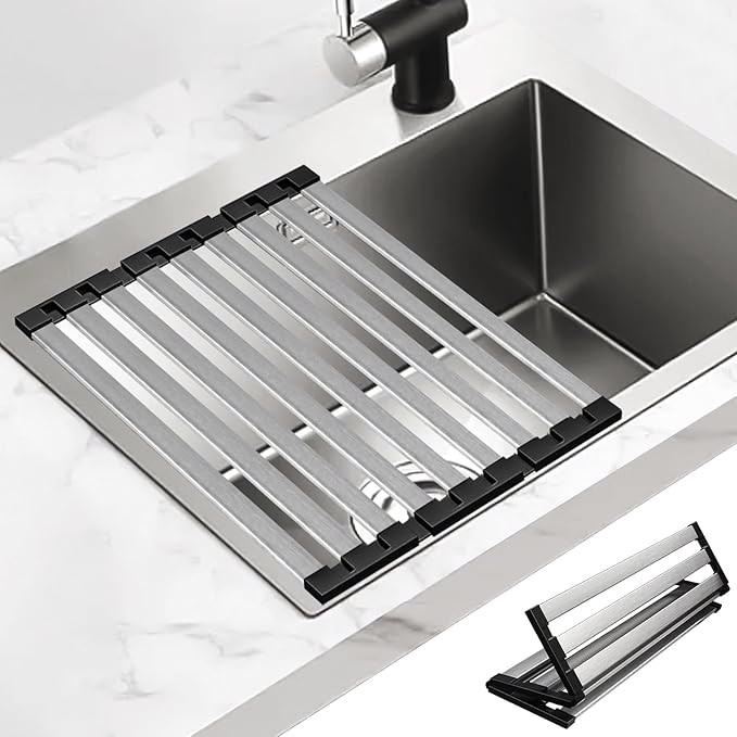 TIKNIK 17.5" X 13" Roll Up Dish Drying Rack, 304 Stainless Steel Over Sink Dish Drying Rack, Foldable Heat-Resistant Dishes Drainer for Kitchen and RV Sink Counter, Black