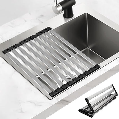 TIKNIK 17.5" X 13" Roll Up Dish Drying Rack, 304 Stainless Steel Over Sink Dish Drying Rack, Foldable Heat-Resistant Dishes Drainer for Kitchen and RV Sink Counter, Black