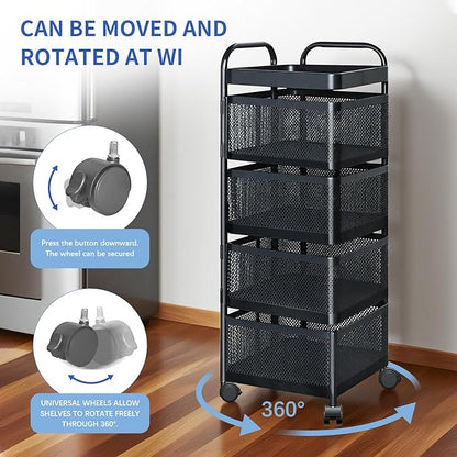 Rotating Kitchen Storage Rack, 4 Tier Rolling Cart with Fruit and Vegetable Basket, Black Storage Organization Dolly Cart with Wheels for Bathroom, Kitchen and Bedroom