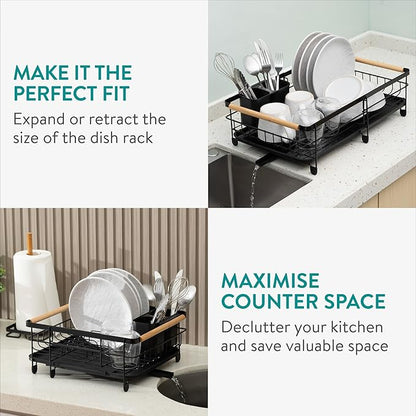 Navaris Expandable Dish Rack - Adjustable Draining Board for Drying Dishes - Removable Plates and Cutlery Holder - Kitchen Sink Washing Up Drainer with Plug and Drip Tray - Black