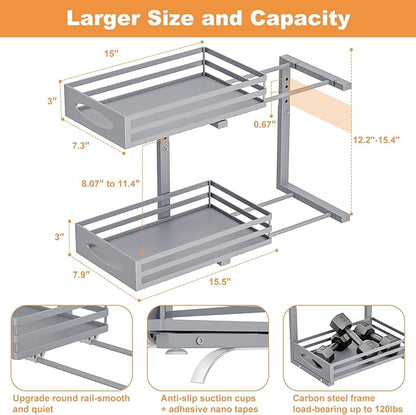 Under Sink Organizer, 2 Tier Under Sink Organizers and Storage, Adjustable Height, Slide Out Metal Cabinet Organizers, Pull Out Cabinet Storage Drawer Shelf for Kitchen Bathroom