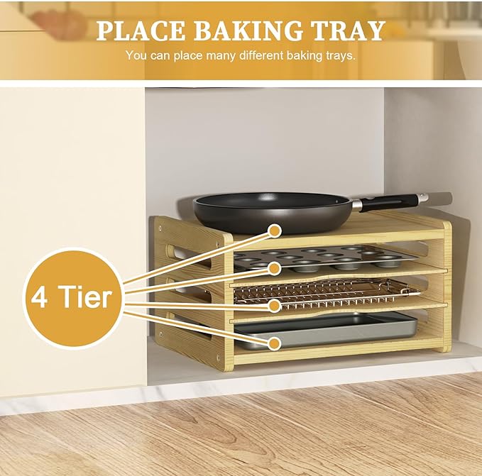sandpaint 4 Tier Wooden Cabinet Tray Dividers, Kitchen Vertical Baking Sheet Organizer, Storing Pans, Baking Trays, Cutting Board