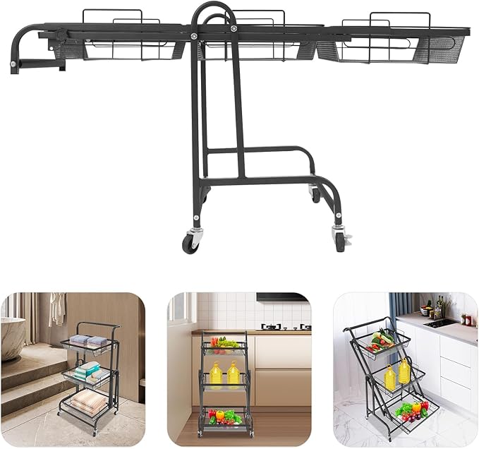 3 Tier Adjustable Storage Carts, Movable Utility Cart, Metal Rolling Cart, Multi-Functional Storage Trolley w/Wheels, Storage Shelves for Kitchen/Bathroom/Bedroom/Office (Black)