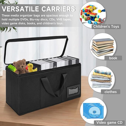 DVD Storage Case 2 Pack, Each Holds 25 DVDs (50 Total), 15.5" x 5.7" x 8", Portable Organizer Bag with Clear Cover, Zipper & Handles, Black