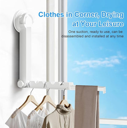 Foldable Clothes Drying Rack with Suction Cup, Wall-Mounted Clothes Drying Rod with Retractable Rod for Laundry Bathroom RV Balcony, Travel Portable Drying Rack for Clothe, White