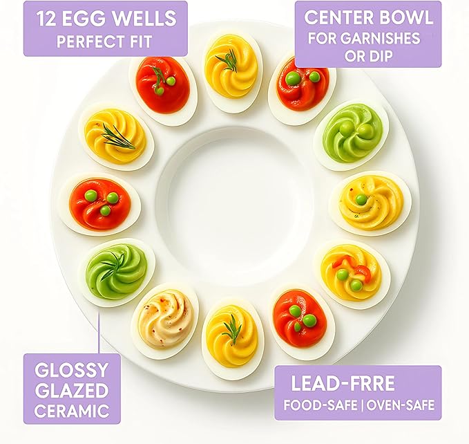 echomerx 10" White Ceramic Deviled Egg Serving Platters - 2 Round Ceramic Dishes, Trays Holds 12 Eggs ea. - Ideal for Easter Christmas Entertaining - 2-Pack