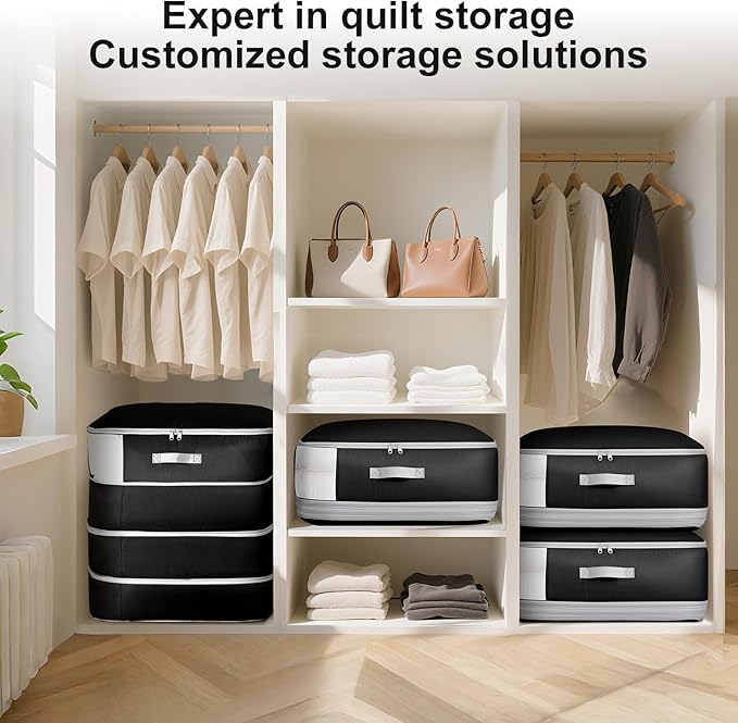Easortm Comforter Storage Bag - 130L Large Capacity Blanket Storage Bags 4-Layer Ultra Space Saving Self Compression Organizer, Washable Compression Bags for Storage Comforter Blanket, 4-Pack, Black