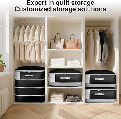 Easortm Comforter Storage Bag - 130L Large Capacity Blanket Storage Bags 4-Layer Ultra Space Saving Self Compression Organizer, Washable Compression Bags for Storage Comforter Blanket, 4-Pack, Black