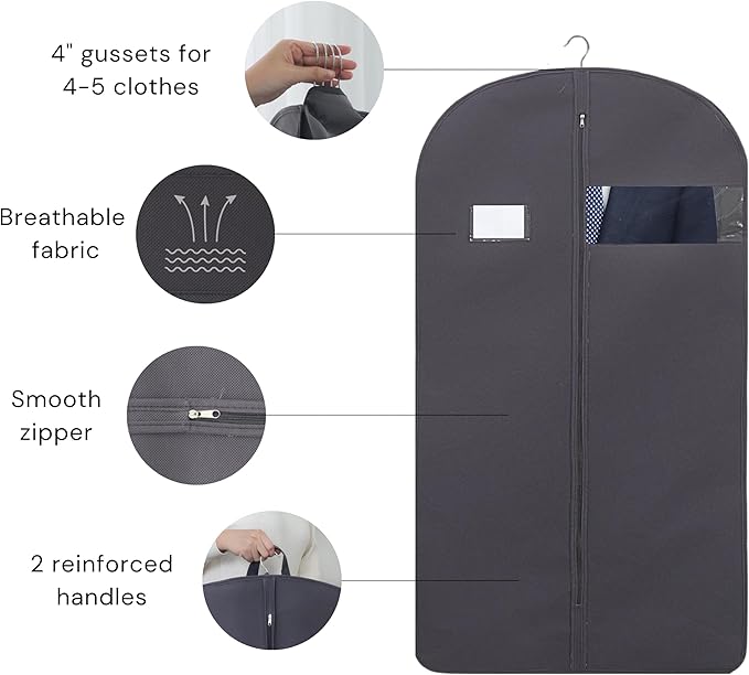 CONMEOCON- 43” Garment Bags for Hanging Clothes, Suit Bags for Men Travel with Car, Garment Bags for Storage with Handle, Clear Window and Name Tag, Protector for Suit, Jacket, Coat, Sweater, 6 Pack