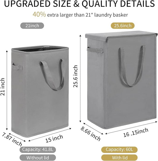 Chrislley 60L Slim Laundry Hamper with Lid Narrow Laundry Basket with Handle Upgrade Foldable Dirty Clothes Hamper Portable Skinny Hamper Organizer Storage Bins (25.6 inches, grey)