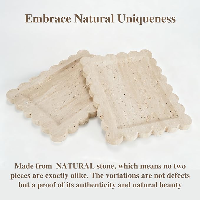 Luxury Beige Travertine Tray with Scalloped Edge, 11"x8" Rectangle Vanity Tray for Bathroom & Kitchen Counter, Decorative Organizer Tray for Dresser, Coffee Table, Home Décor