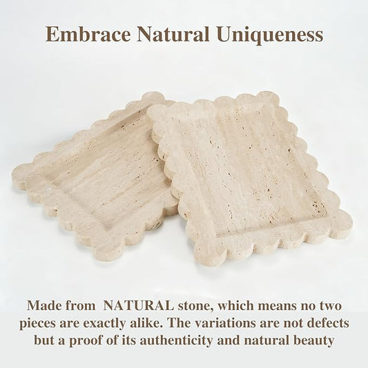 Luxury Beige Travertine Tray with Scalloped Edge, 11"x8" Rectangle Vanity Tray for Bathroom & Kitchen Counter, Decorative Organizer Tray for Dresser, Coffee Table, Home Décor