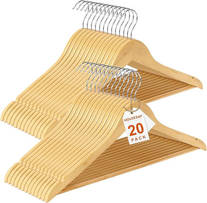 HOUSE DAY Premium Wooden Coat Hangers 20 Pack, Heavy Duty Solid Wood Clothes Hangers with 360° Swivel Hook & Pant Bar for Jackets, Dress, Shirts, Natural Wood Suit Hanger for Closet Organizer