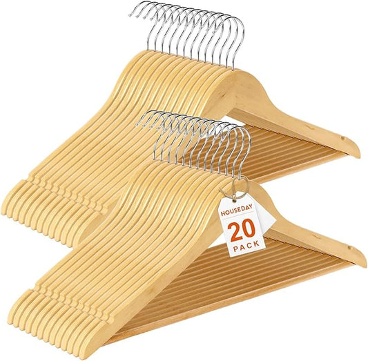 HOUSE DAY Premium Wooden Coat Hangers 20 Pack, Heavy Duty Solid Wood Clothes Hangers with 360° Swivel Hook & Pant Bar for Jackets, Dress, Shirts, Natural Wood Suit Hanger for Closet Organizer