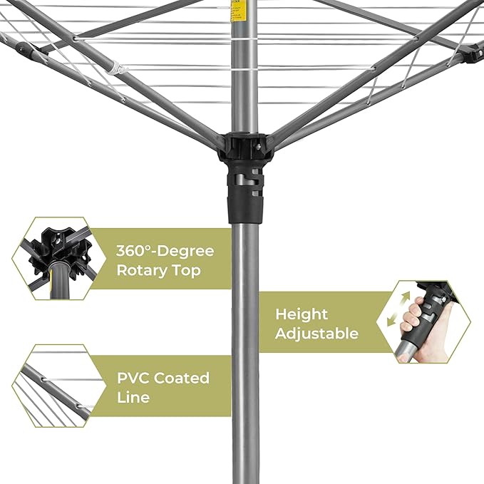 Outdoor Clothes Drying Rack, Portable Umbrella Clothesline, 4-Arm 12 Lines of 164 Ft Hanging Space, Height Adjustable Outdoor Rotary Drying Rack, Foldable Laundry Drying Rack for Backyard